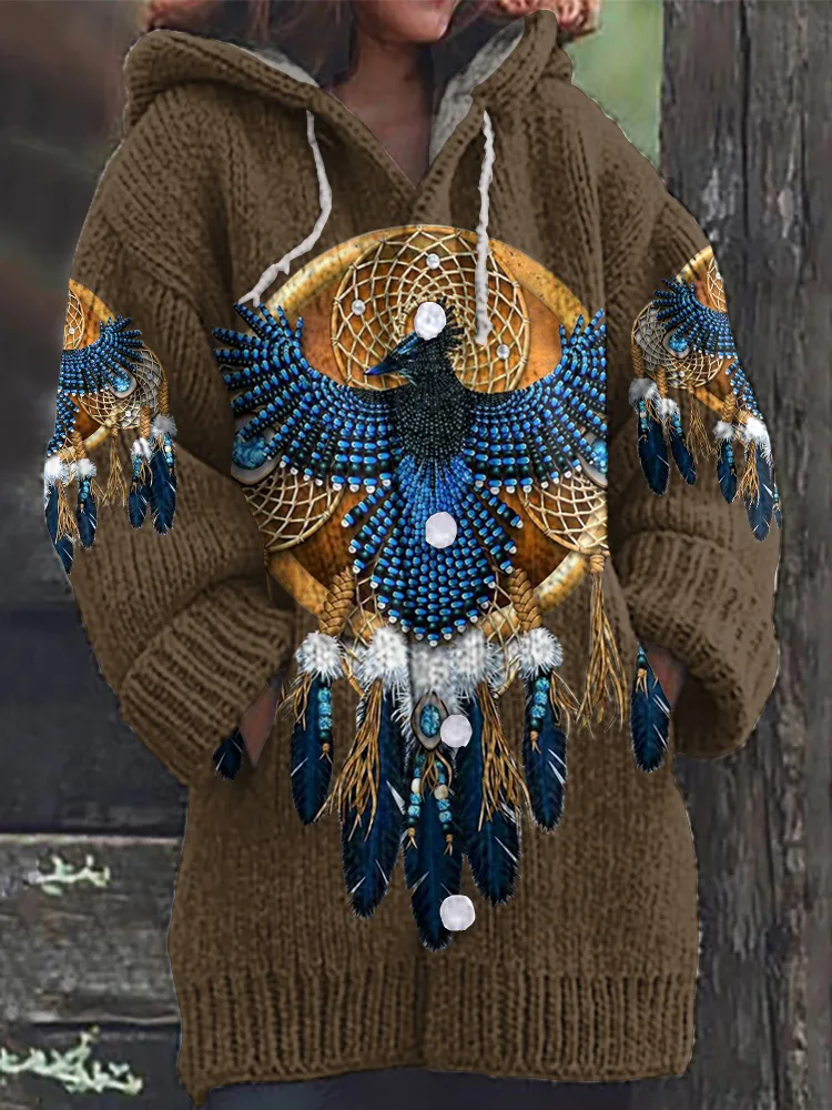 Western Eagle Feather Fringe Art Cozy Hooded Cardigan