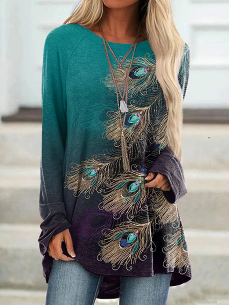 Women's Western Peacock Feathers Button Round Neck Casual Tunic