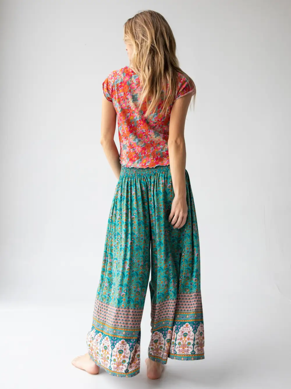 Make A Move Wide-Leg Palazzo Pant - Turquoise Cream Border