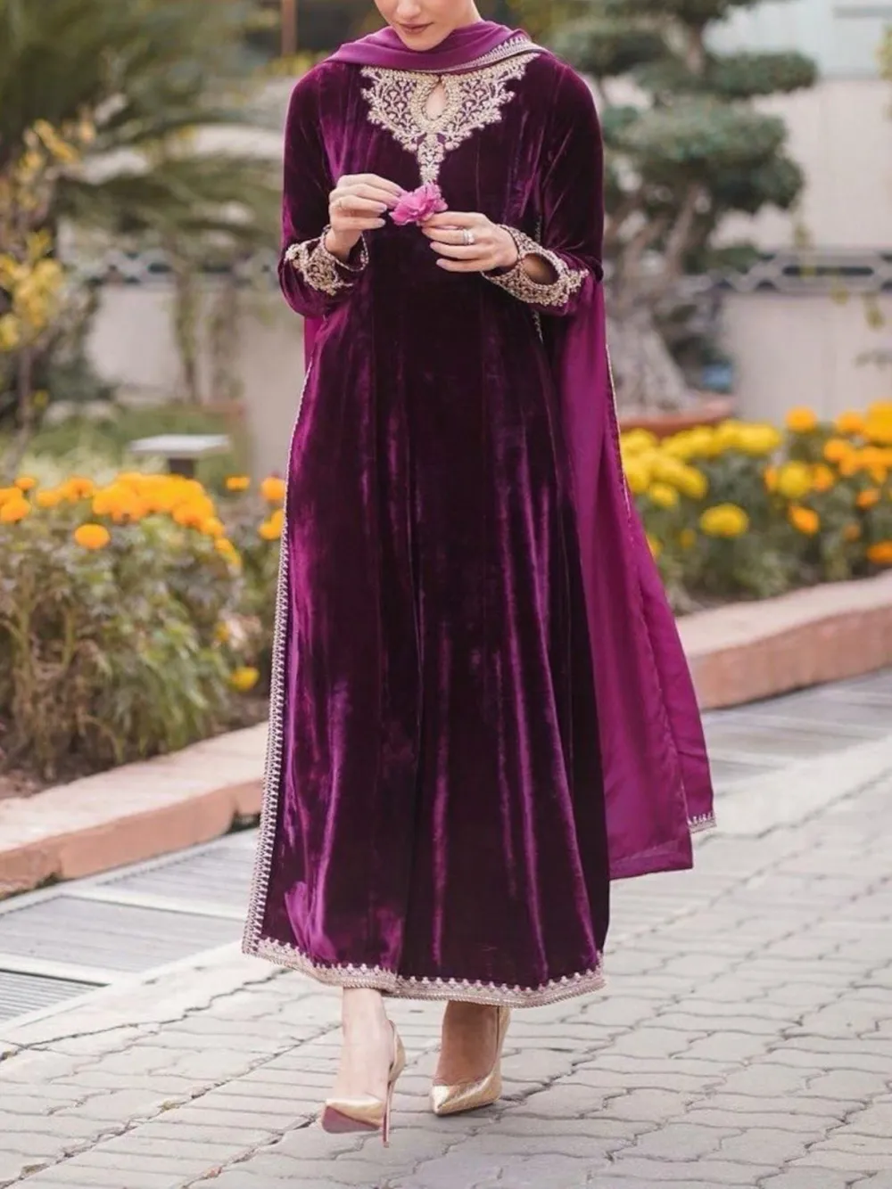 Purple embroidered velvet suit