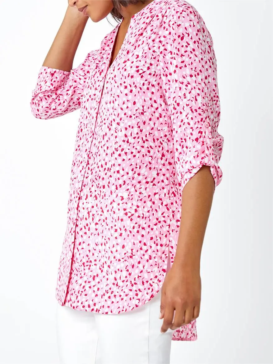 Pink Print Button Up V-Neck Blouse