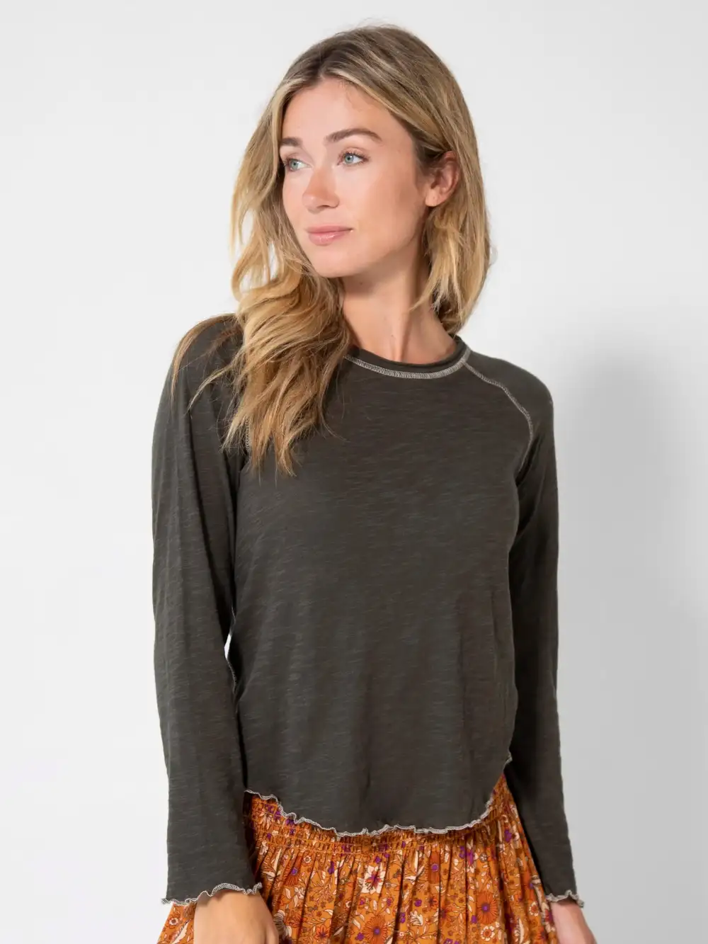 Lily Knit Cotton Long Sleeve Tee Shirt - Charcoal