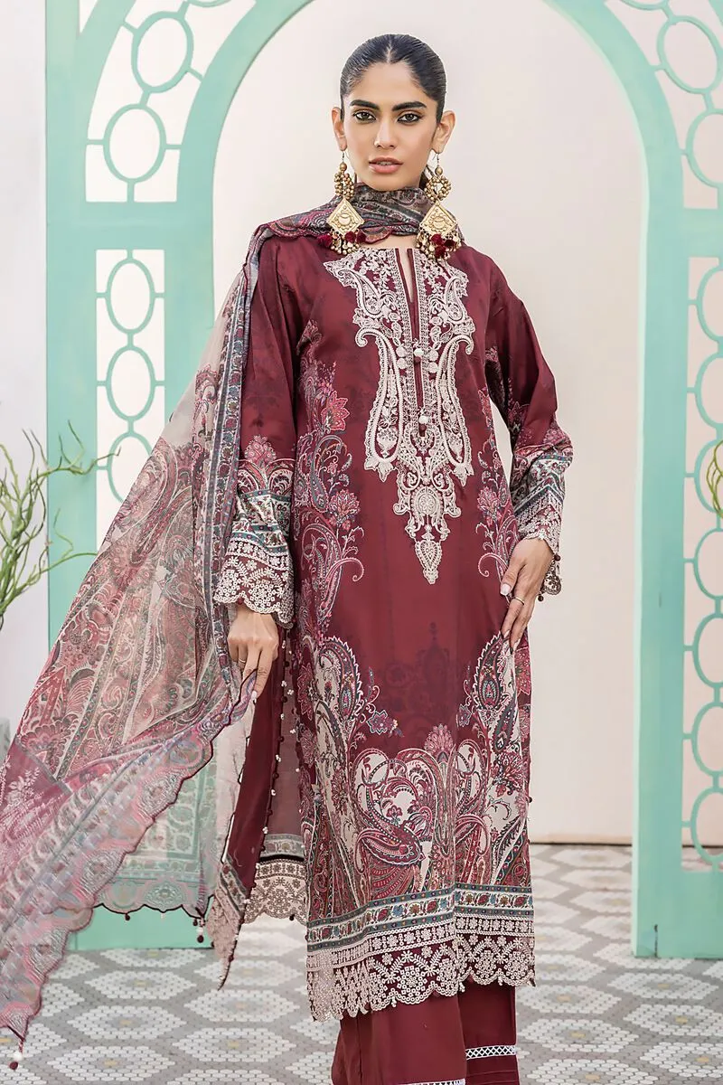 3 Piece Kurta Embroidered | Dupatta& Bottom & Tops | Color Claret