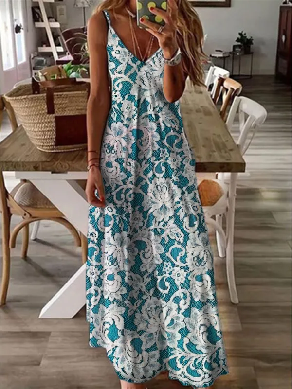 Turquoise Floral Lace Flowy Cami Maxi Dress