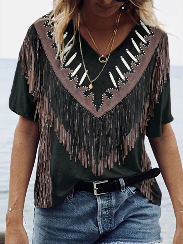 Western Fringe Print Casual V-Neck Short Sleeved T-Shirt