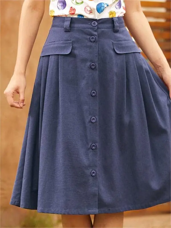 Navy Casual A-Line Button Skirts