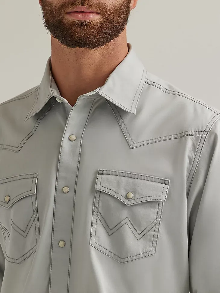 MEN'S WRANGLER RETRO PREMIUM WESTERN SNAP SOLID SHIRT IN SILVER GREY