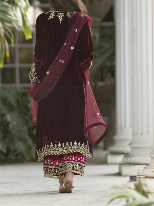 Burgundy embroidered velvet suit