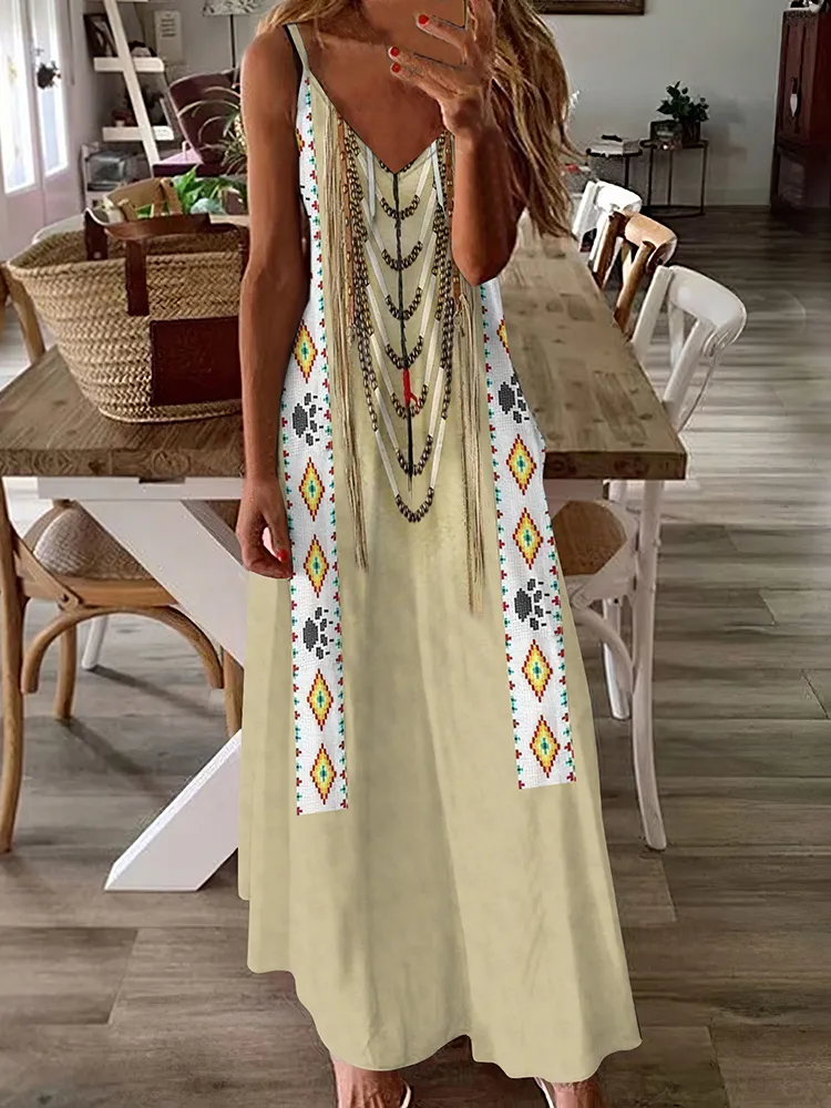 Western Tribal Geometric Print V Neck Maxi Dress