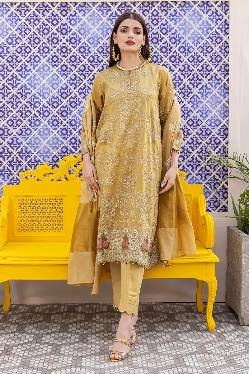 3 Piece Kurta Embroidered | Dupatta& Bottom & Tops | Color Golden