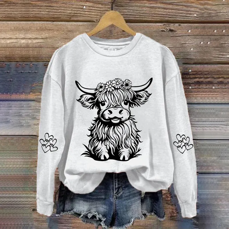 Floral Highland Cow Print Sweatshirt