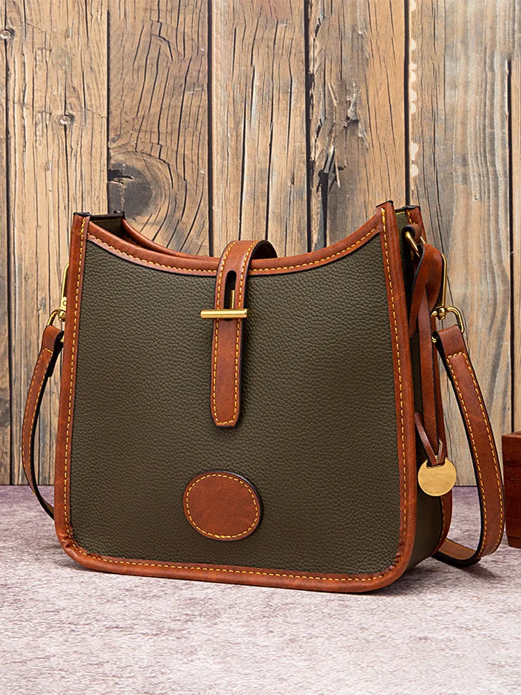 Retro Western Style Contrast Leather Shoulder Bag