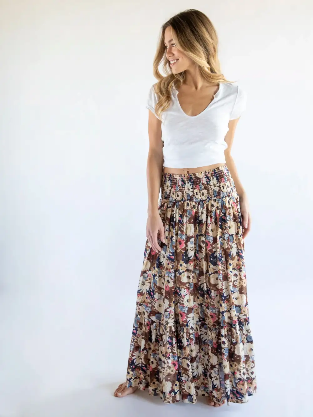 Flora Cotton Convertible Maxi Skirt - Brown Navy Floral