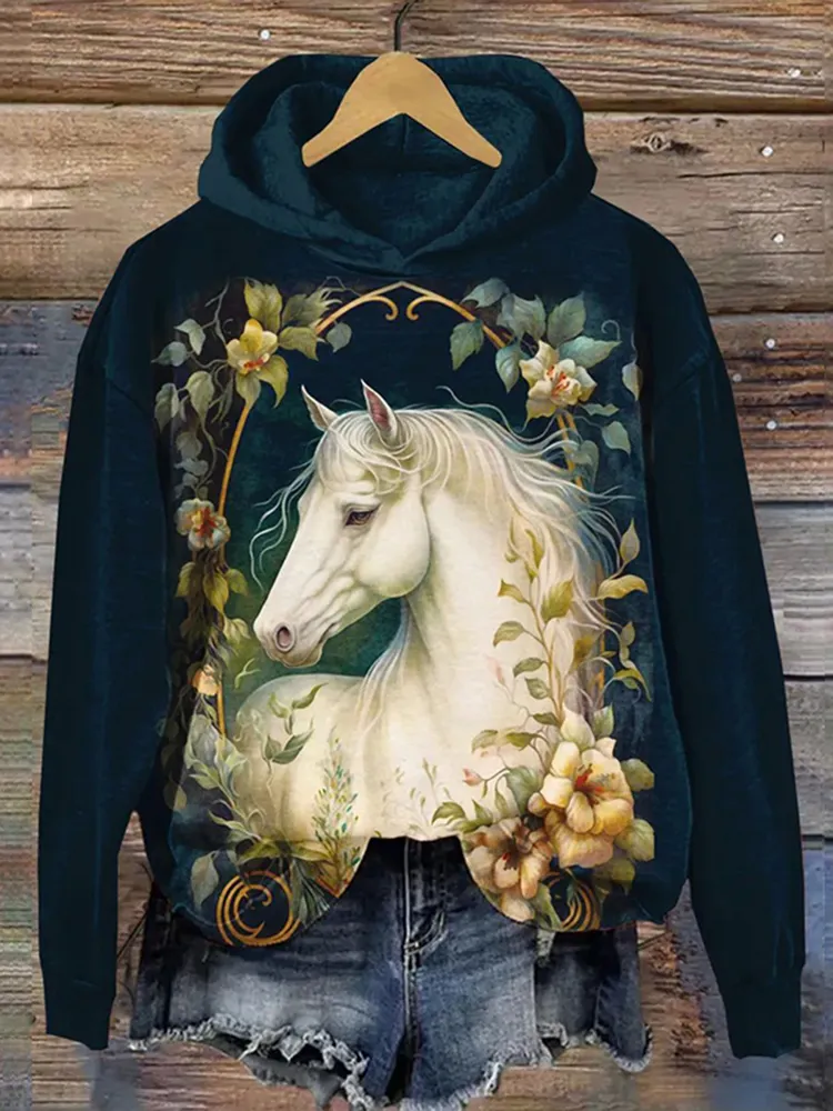 Western Horse Print Casual Hoodie