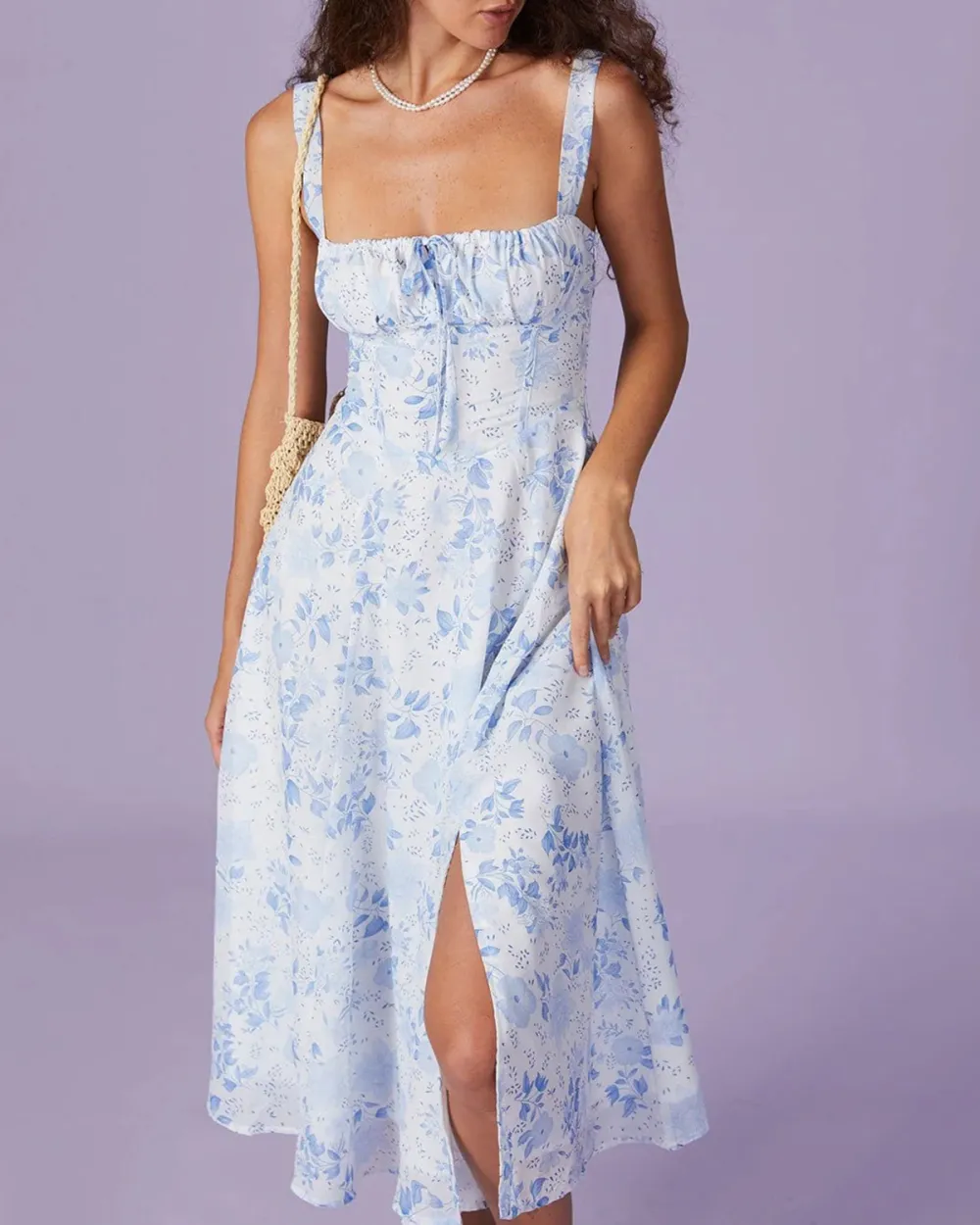 Powder blue floral suspender dress