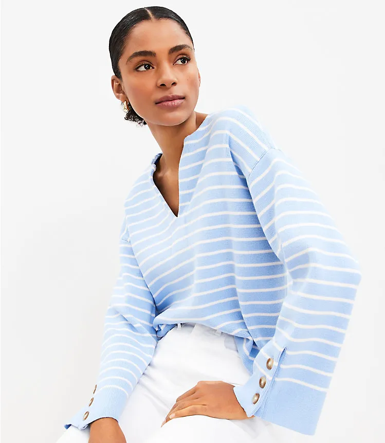 Striped Button Sleeve Split Neck Sweater