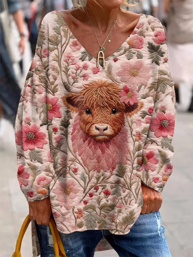 Flower Highland Cow Print V-Neck Long Sleeved Loose T-Shirt