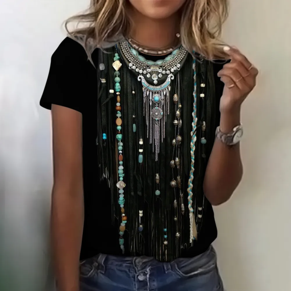 Vintage Western Fringed Turquoise Print Short Sleeve T-Shirt