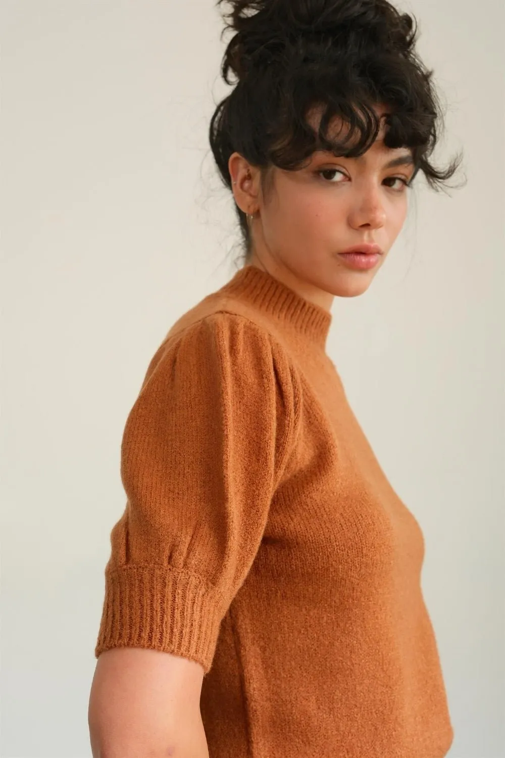 Mock Neck Puff Sleeve Sweater - Chocolate