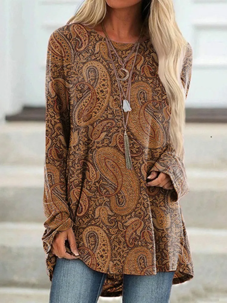 Vintage Print Long Sleeve Casual Tunic