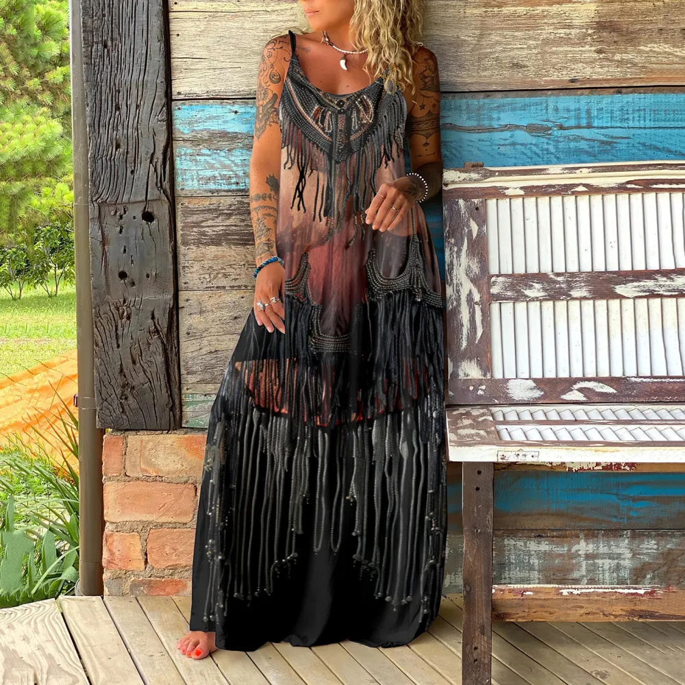 Women's Vintage Western Style Tassel Art Slip Maxi Dress