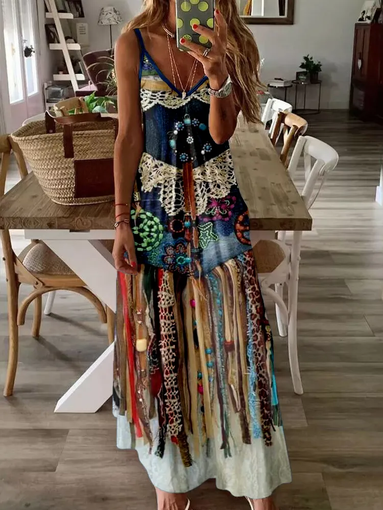 Vintage Boho Lace Fringe Cami Maxi Dress