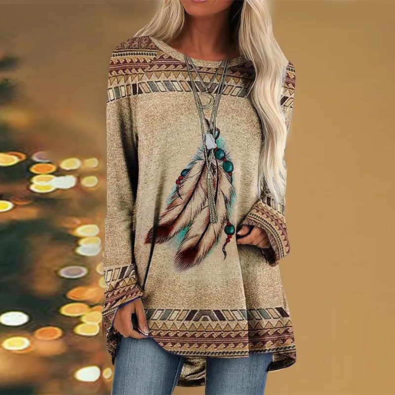 Printed Round Neck Western Style Raglan Sleeve Loose Tunic