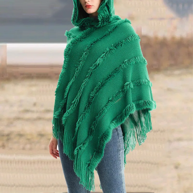 Vintage Solid Fringed Hooded Sweater Pullover Shawl