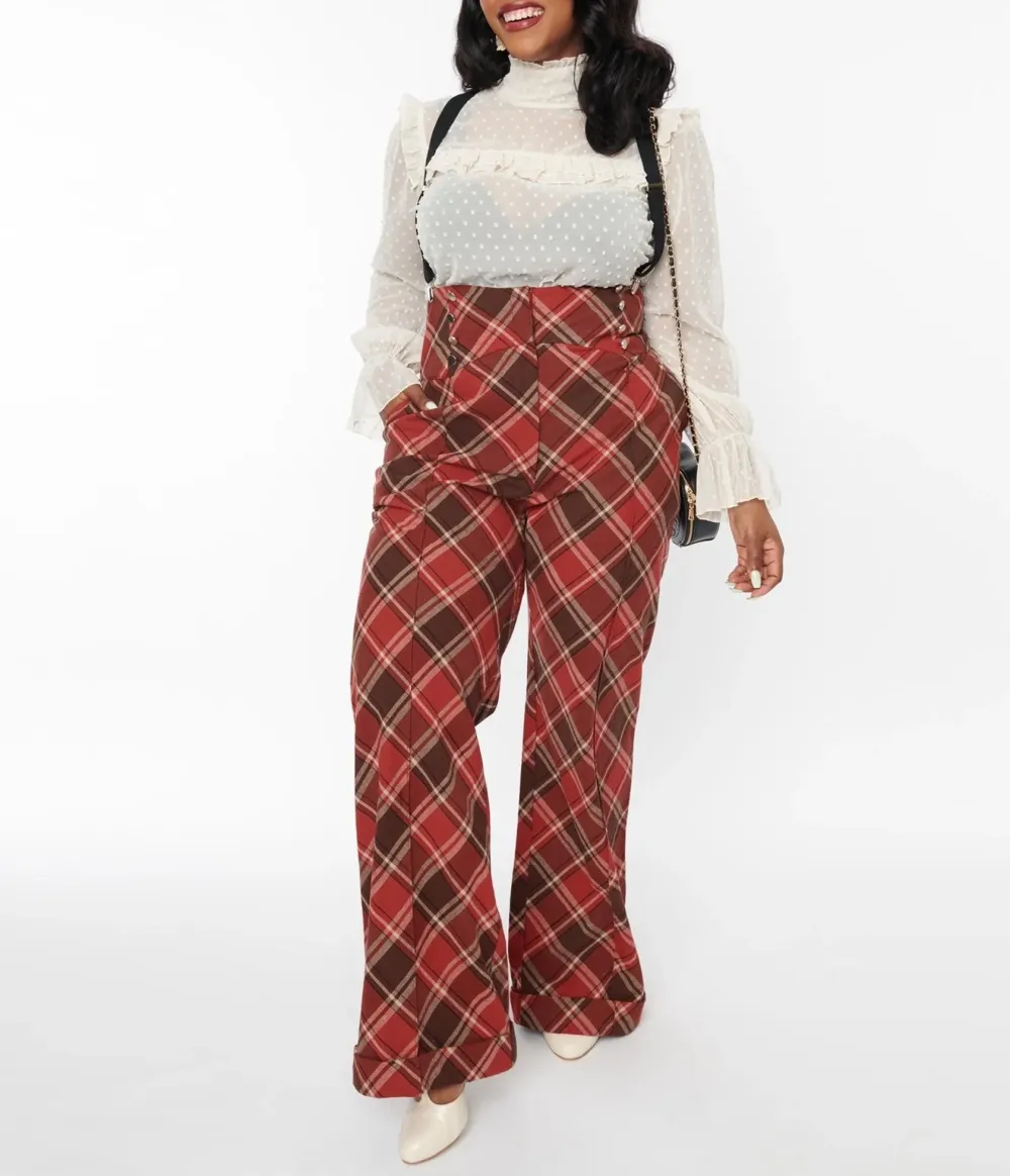 Unique Vintage 1940s Red & Brown Plaid Wide Leg Suspender Pants