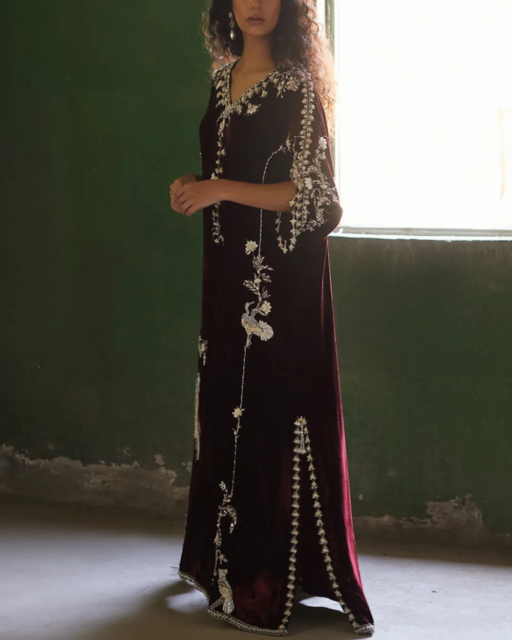 Elegant embellished embroidered velvet kaftan