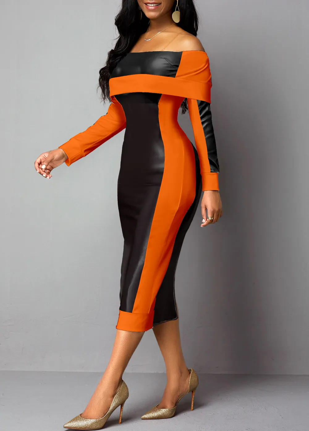 Faux Leather Orange Off Shoulder Bodycon Dress