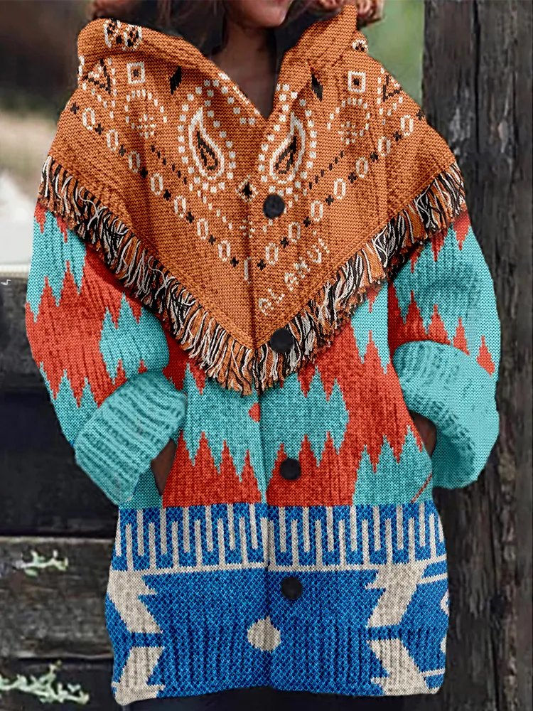 Vintage Paisley Tassels Pattern Cozy Hooded Cardigan