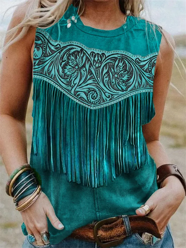 Western Floral Leather Tassels Tank Top