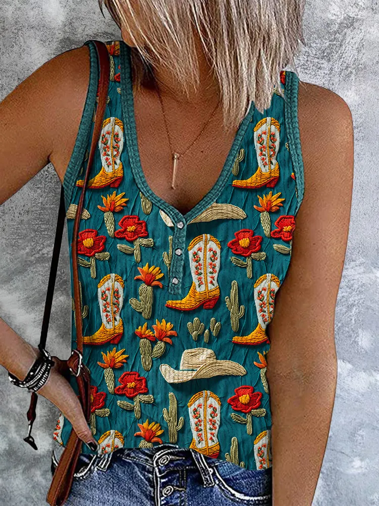 Western Tribal Boots And Floral Art Button Up Tank Top