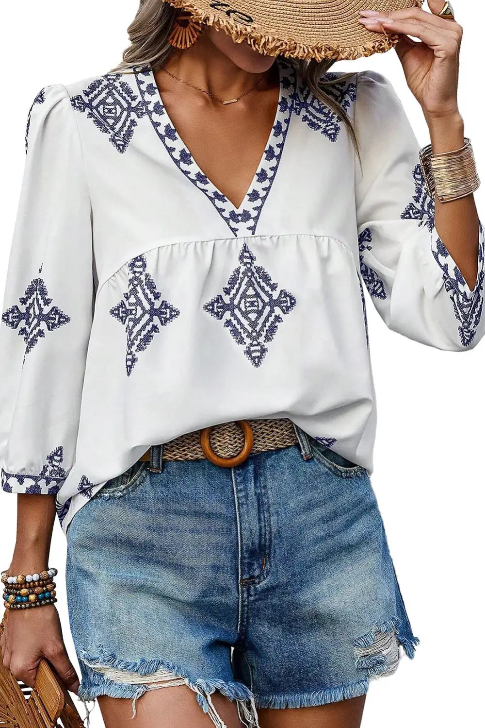 White Boho Geometric Print Bracelet Sleeve V Neck Blouse