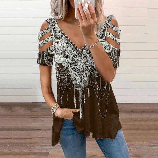 Women's Vintage Geometry Tassels Pattern Hollow Out T-Shirt