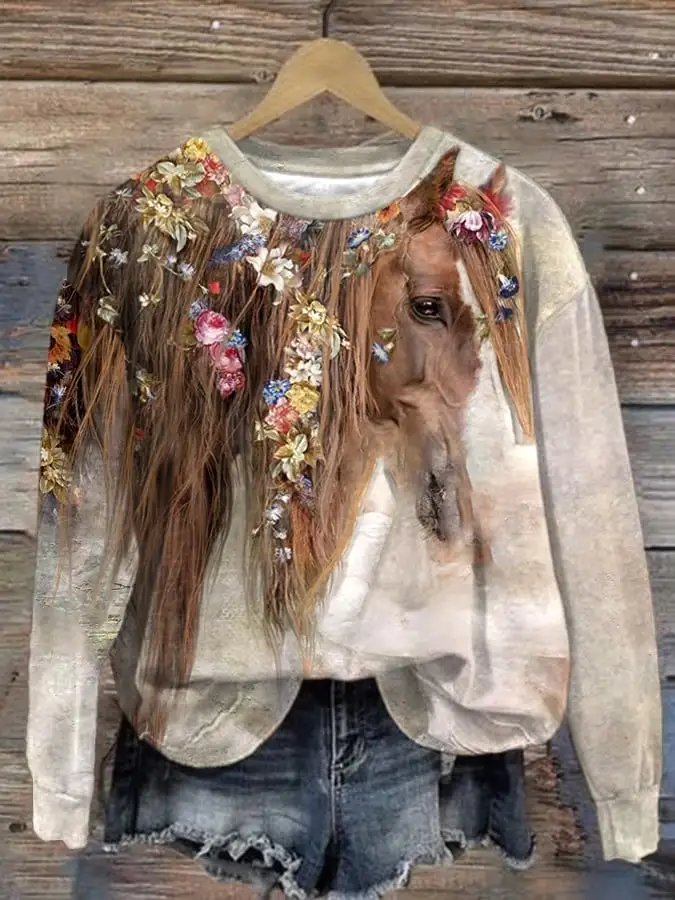 🔥Buy 3 Get 10% Off🔥Women's Western Retro Horse Print Long Sleeve Sweatshirt