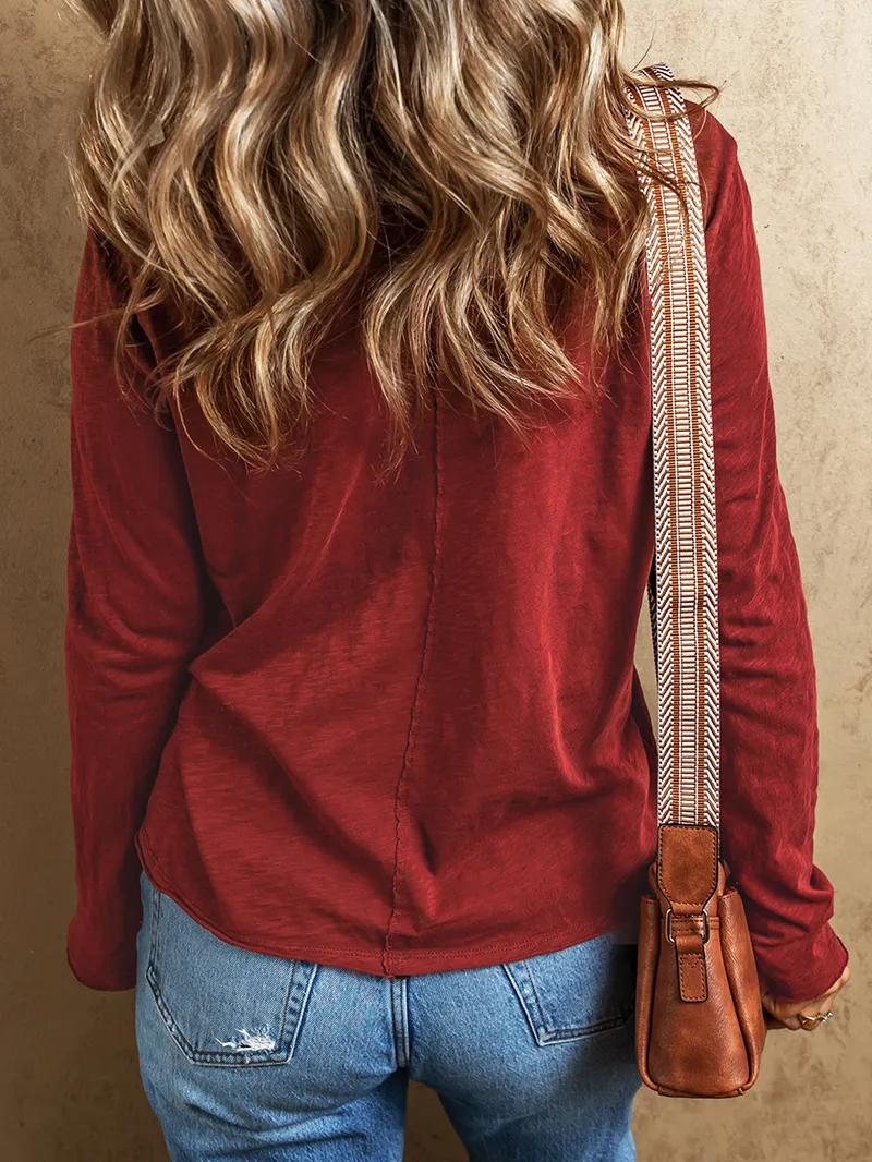 Red Sandalwood V Neck Center Seam Long Sleeve Tee