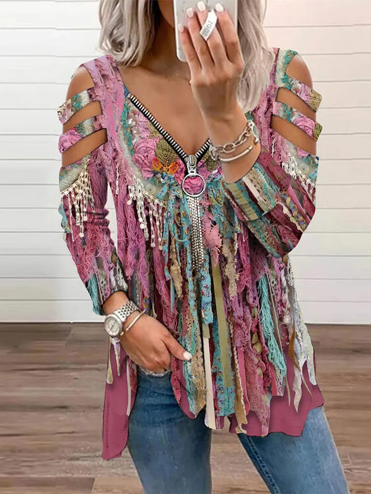 Western Tassel Print V-Neck Off-Shoulder Long Sleeved T-Shirt