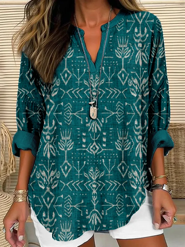 Vintage Verdure Ikat Pattern Linen Blend Cozy Tunic