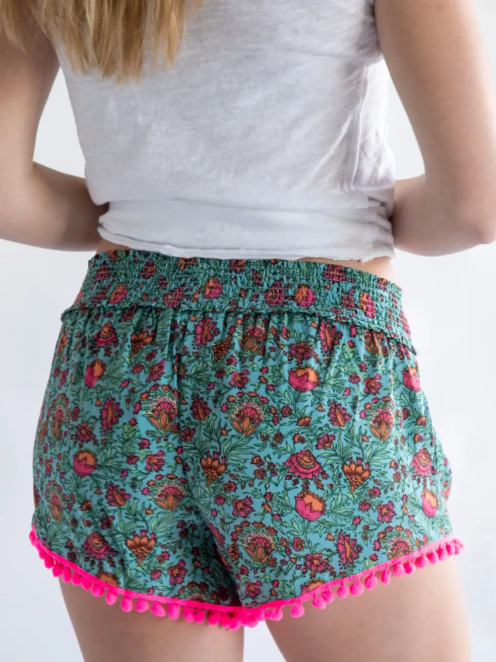 Pom Pom Shorts - Turquoise Pink Floral