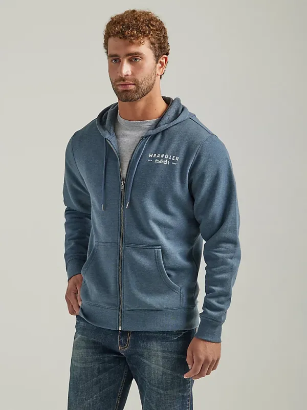 MEN'S WRANGLER BACK GRAPHIC LOGO FULL ZIP HOODIE IN MIDNIGHT NAVY HEATHER