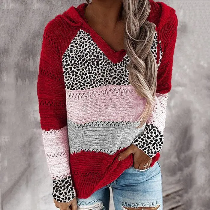 Fashion Hooded Leopard Stitched Knit Sweater