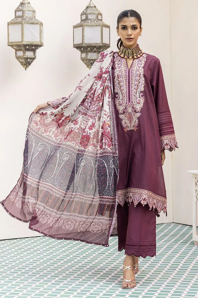 3 Piece Kurta Embroidered | Dupatta& Bottom & Tops | Color Purple