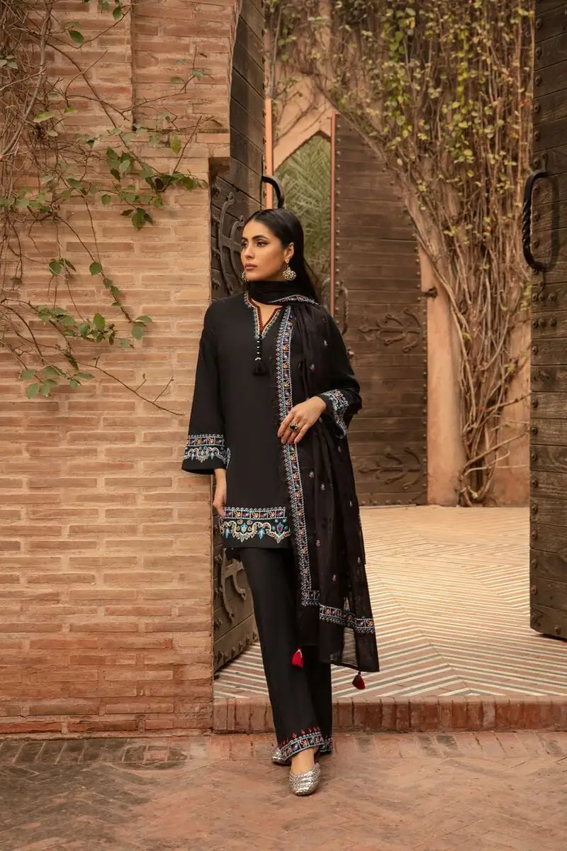 3 Piece Kurta Embroidered | Dupatta& Bottom & Tops | Color black