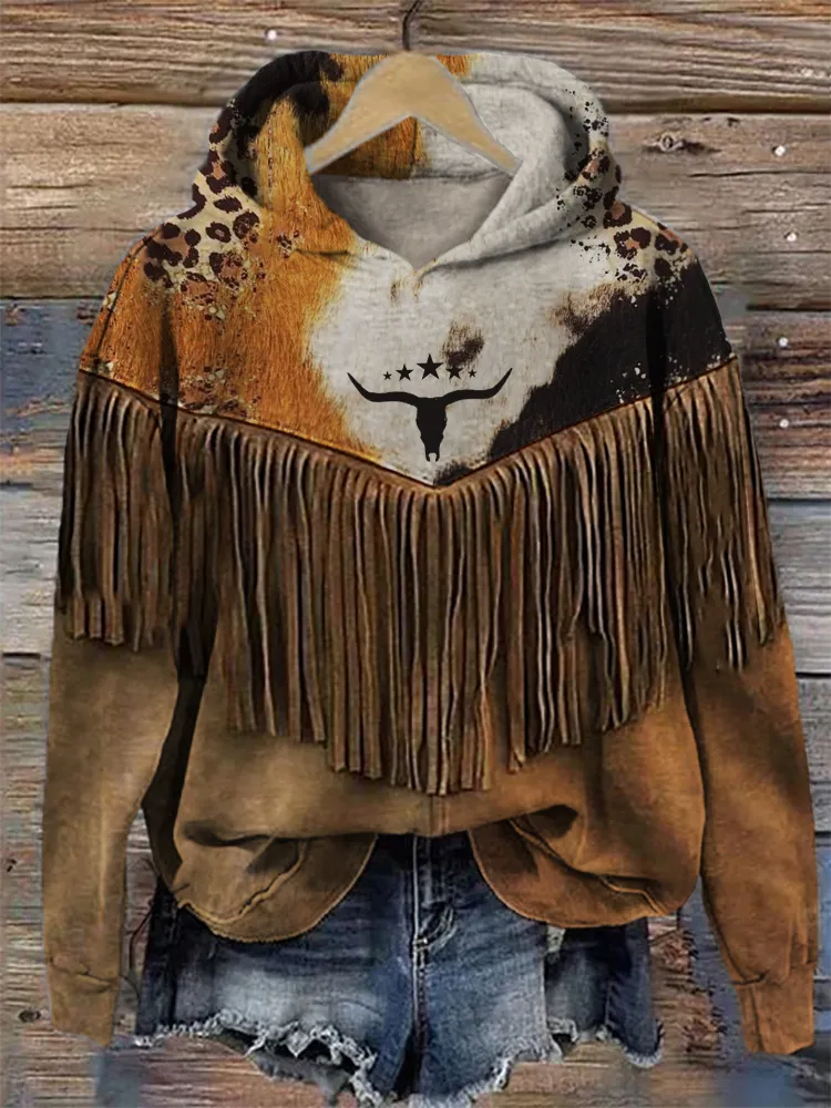 Western Bull Skull Leopard Cowhide Patchwork Cozy Hoodie