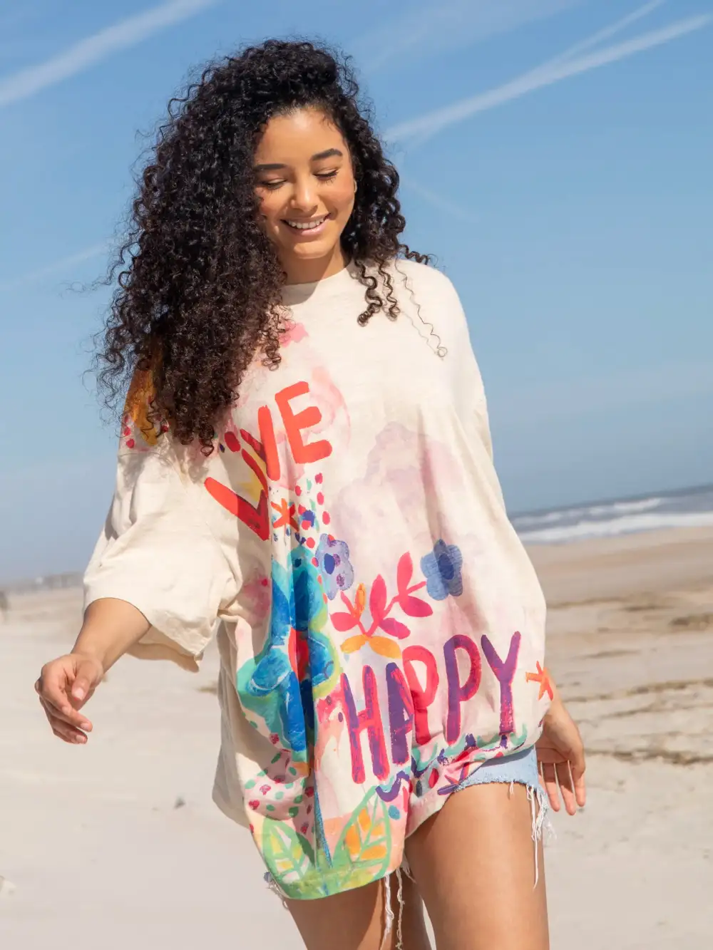 One Size Cotton Easy Tee - Live Happy Cream