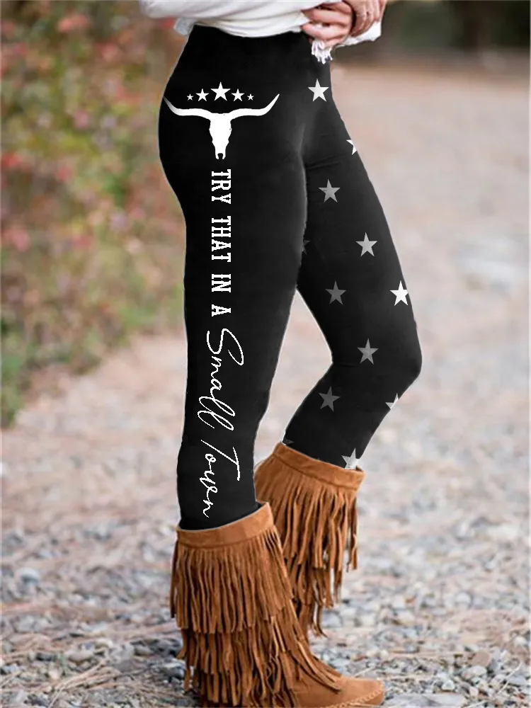 Try That in A Small Town Bull Skull Flag Inspired Leggings