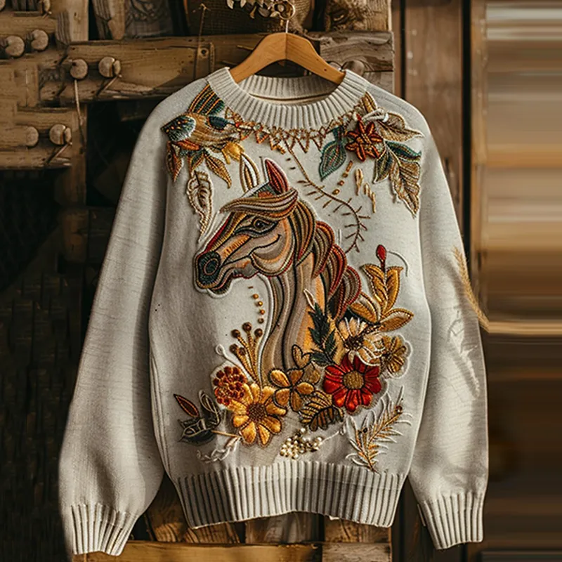 Vintage Western Horse Print Round Neck Casual Sweatshirt