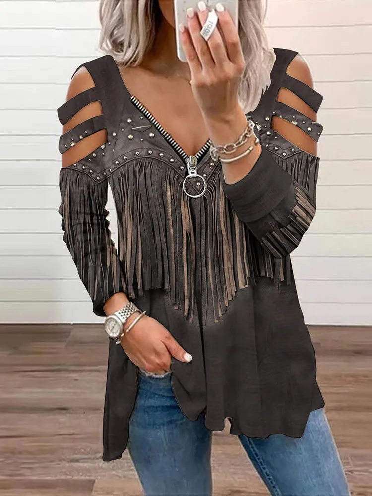 Western Fringed Print Off-The-Shoulder Long Sleeved T-Shirt